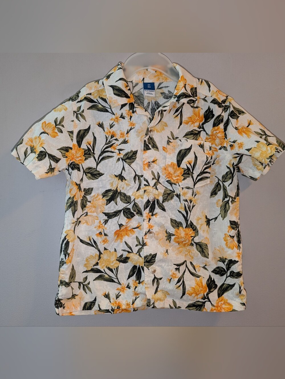 🌴Old Navy White Linen Blend Floral Button-Down Toddlers Shirt - Notch Collar 4T
